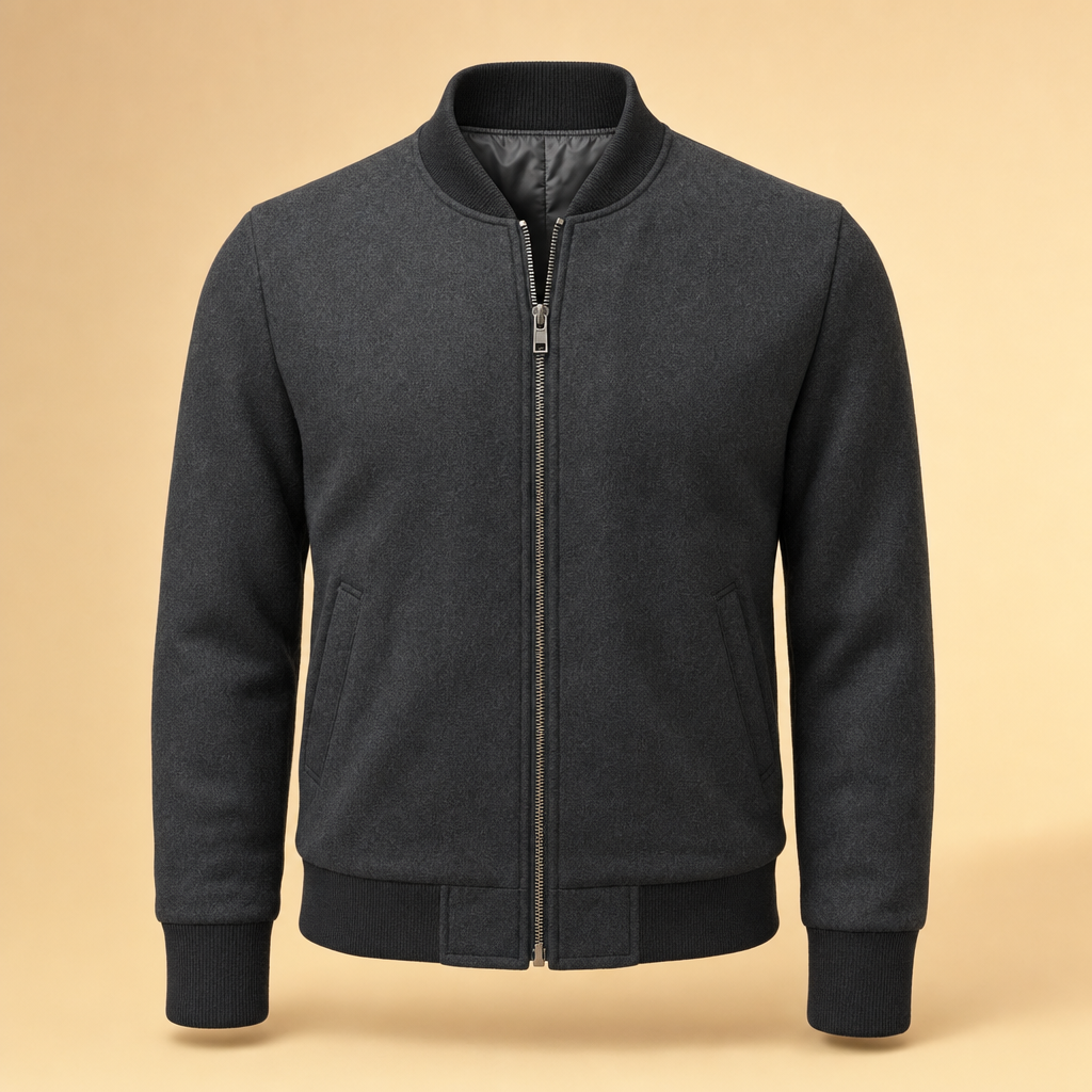 Charcoal Apex Bomber Jacket with ribbed collar and cuffs on a warm sand background